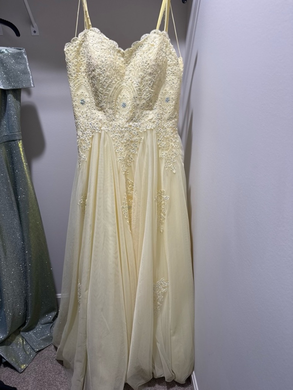 Juniors' Strapless Embellished Ballgown - Pale Yellow - Picture 2 of 5